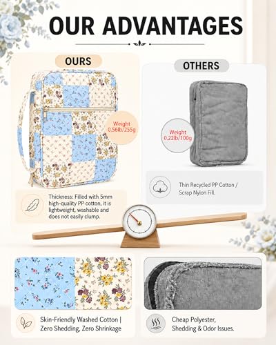 Bible Cover Case for Women Large Bible Bag, Quilted Bible Carrying Case with Handle Church Book Holder Bible Study Supplies Accessories Christian Gifts for Women (Spliced Flower Blue)