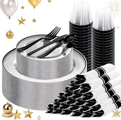 SUT 175 Pcs Black and Clear Plastic Dinnerware Set for 25 Guests, Include: 25 Dinner Plates, 25 Dessert Plates, 25 Pre Rolled Napkins With Silverware, 25 Cups, Disposable Plates for Party - color: Clear Black, size: 175PCS