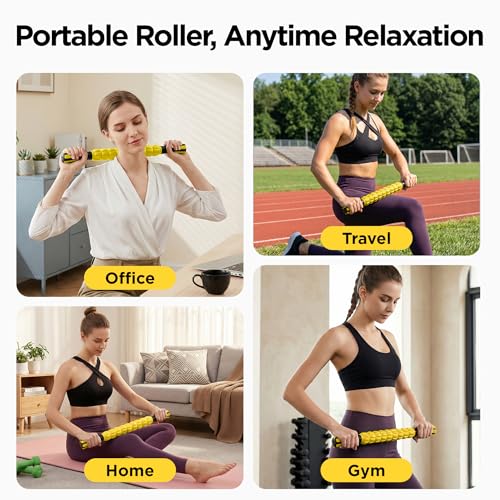 Muscle Roller & Massage Roller Stick for Athletes - Lymphatic Drainage Support, Relieves Muscle Soreness, Cramping & Tightness - Targets Legs, Arms, Back & Calves （Yellow） - color: Yellow