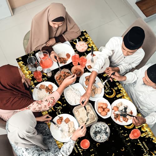 PHOGARY Ramadan Decorations 2 Pcs Ramadan Kareem Tablecloth, Ramadan Tablecloths Disposable Rectangle Plastic Eid Mubarak Table Covers for Eid Al-fitr Party Eid Decorations 54" X108", Black and White