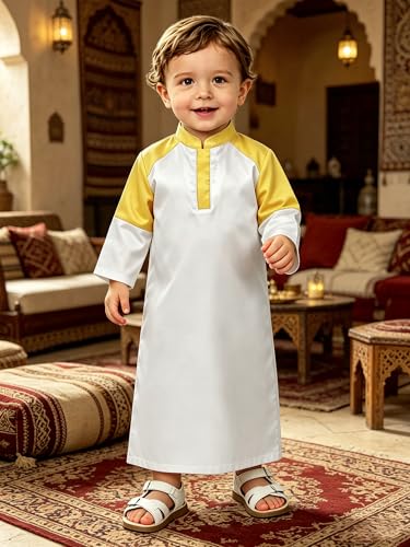 FEESHOW Little Boys Arabic Muslim Thobe Toddler Baby Kaftan Robe Islamic Traditional Festival Party Wear - color: Yellow, size: 18-24 Months