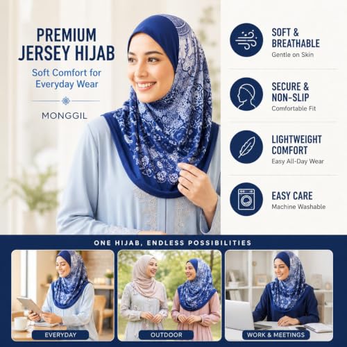 Hijab Scarf for Women, Printed Jersey Instant Slip-On Ready to Wear - color: Mg-hj-705