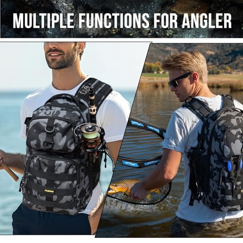 PLUSINNO Fishing Backpack with Floating Fishing Net, Tackle Boxes, Waterproof Sling Tackle Bag For Fish Gear With Rod Holder, Gifts for Men - color: Fishing Backpack With Fishing Net
