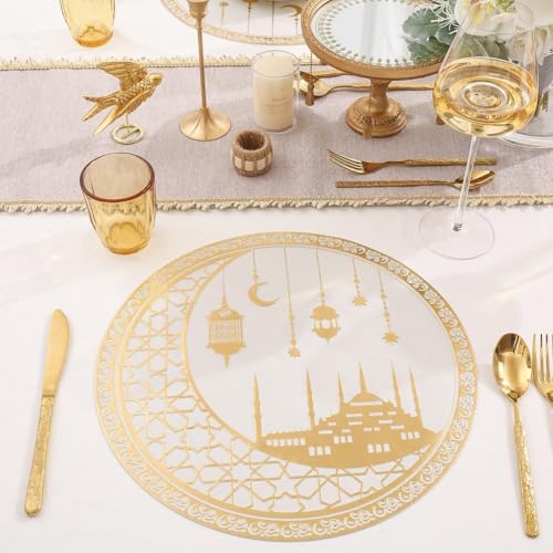 Sanfly Ramadan Placemat 4pcs Eid Mubarak Placemat Gold Moon Star Dining Table Place Mat for Islam Muslim Festival Party