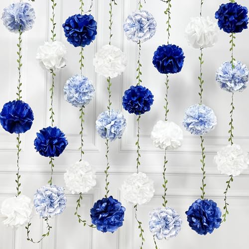 Blue and White Floral Royal Blue Tissue Flowers Pom Pom with Sage Green Leaf Ribbon Hanging Streamer Garland for Birthday Wedding Shower Engagement Chinoiserie Themed Party Decorations Supplies - color: Blue Floral
