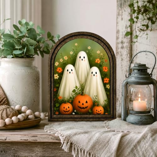 Cute Ghosts Pumpkin Arched Decor, Halloween Sign - color: Cute Ghost Pumpkin Trio
