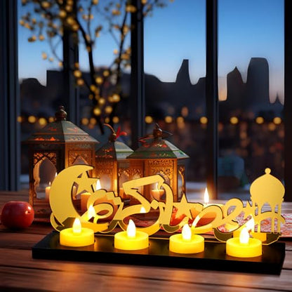 Rossesay Islamic Decorations Islamic Candle Holder with LED Tea Candles Wooden Acrylic Islamic Tabletop Decors Ramadan Kareem Eid Mubarak Sign Muslim Gifts for Home Table Party Decorations(Novelty)