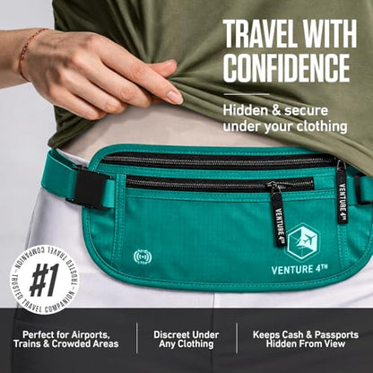 VENTURE 4TH Money Belt for Travel – Slim Hidden Under-Clothes RFID Blocking Anti-Theft Passport Holder & Travel Wallet Pouch for Men & Women to Protect Cash, Cards & Documents (Turquoise) - color: Turquoise