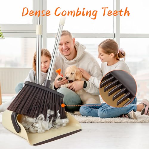 Broom and Dustpan Set, Dustpan Combo with 51" Stainless Steel Long Handle Brooms with 5-Layer Soft Bristles for Home Office Kitchen Bathroom(Beige) - color: Beige
