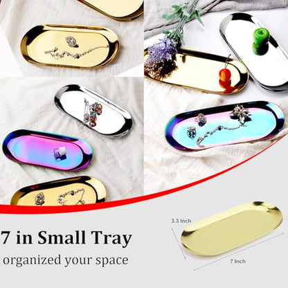 스테인리스 스틸 장식 트레이, 2개 세트, 길이 17.8cm(7인치), 주얼리 접시 화장품 정리함 욕실 클러터 서빙 플래터 소형 보관 트레이, 타원형, 골드 - color: 골드.