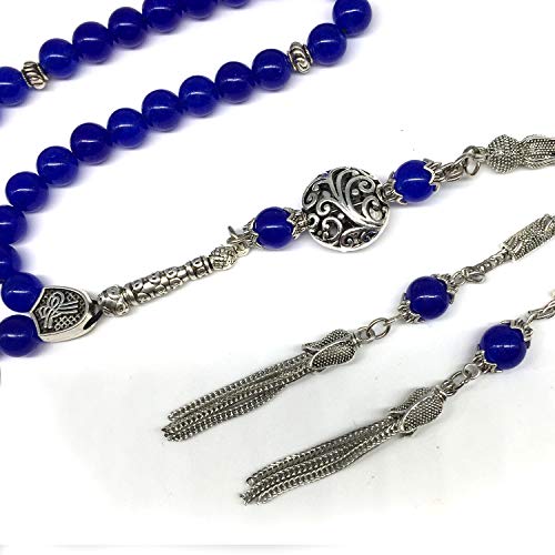 Design - Long & Stylist Tassels Worry Beads - Prayer Beads (8 mm-33 Beads) Tesbih-Tasbih-Tasbeeh-Misbaha-Subha-Sebha-Sibha-Rosary (Blue Agate Natural Stone) - color: Blue Agate Natural Stone