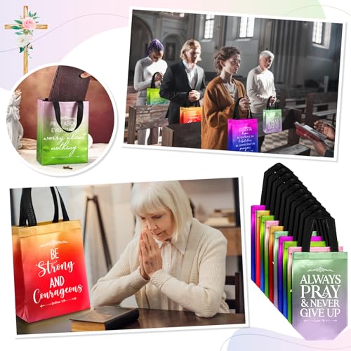 Aliceset 64 Pcs Christian Gift Bags Bulk with Handles for Church Favors Reusable Medium Bible Verse Religious Gift Bags Non Woven Welcome Totes for Baptism Vacation Bible School Gifts (Gradient) - color: Gradient