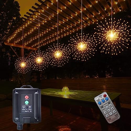 SHUKAN 5 Pcs 1000LED Solar Starburst Sphere Lights,Firework Light Timer - color: Warm Yellow, size: 5*17 inch