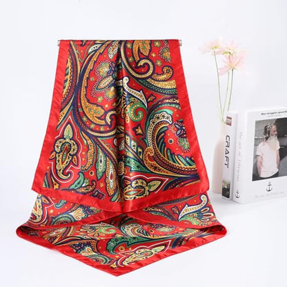 AWAYTR 35” Large Satin Square Head Scarf - 2Pcs Silk Like Floral Head Scarves Square Satin Hair Scarf Bandanas for Women - color: Paisley(blue/Red)