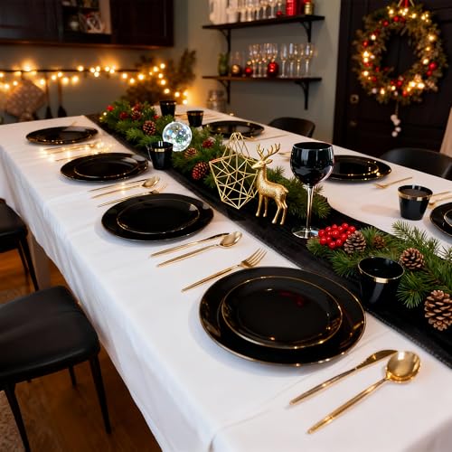 MirthMood 210Pcs Black and Gold Disposable Plates,Black Plates, Black and Gold Plates Include 30 Dinner,Dessert Plate,30 Cup&30 Napkins, 90 Gold Silverware for Wedding & Party & Birthday & New Year - color: Black, size: 210