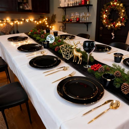 MirthMood 210Pcs Black and Gold Disposable Plates,Black Plates, Black and Gold Plates Include 30 Dinner,Dessert Plate,30 Cup&30 Napkins, 90 Gold Silverware for Wedding & Party & Birthday & New Year - color: Black, size: 210