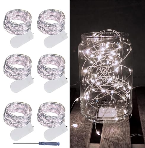 LAMPHOME 6 Pack Fairy Lights Battery Operated String Lights 6.6ft 20 Led Mason Jar Lights Waterproof Silver Wire Light Fireflies DIY Party Wedding Christmas Decoration(6 Pack,White) - color: White, size: 6 PACK