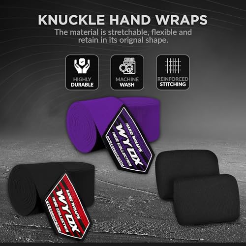 WYOX Boxing Hand Wraps & Gel Knuckle Guards Set for MMA, Muay Thai & Kickboxing - 2 Pair Hand Wraps + 1 Pair Knuckle Guards - Hand Wrist Protection for Men & Women Training - color: Purple/Black