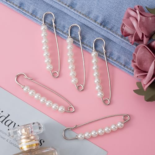 Joez Wonderful 6 Pcs Safety Pins for Clothes, Pearl Brooches Shawl Clips for Women, Pants Extender Waist Tightener, Decorative Safety Pins for Shirt Hijab Hat Sweater Cardigan Bag