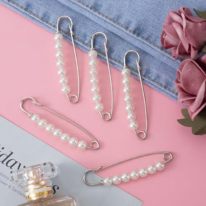 Joez Wonderful 6 Pcs Safety Pins for Clothes, Pearl Brooches Shawl Clips for Women, Pants Extender Waist Tightener, Decorative Safety Pins for Shirt Hijab Hat Sweater Cardigan Bag