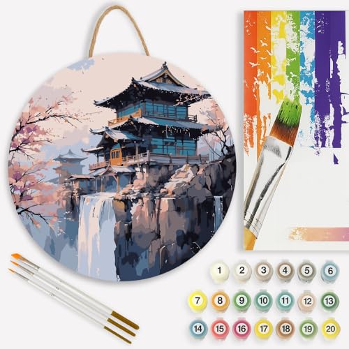 Chinese Art Paint by Numbers Kit for Adults on Wood Board – DIY Cherry Blossom Temple by Waterfall Wood Craft Painting Kit, 12 in Round, Acrylic Paint Set, Beginner-Friendly, Relaxing Home Decor Gift - color: FM05436