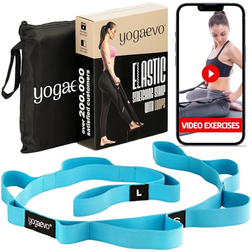 YogaEVO Stretching Strap with Loops for Physical Therapy — Yoga Strap & Resistance Band in One — Flexibility & Back Recovery — HD Video Routines Included - color: Blue
