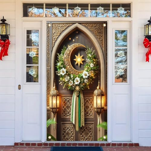 Ramadan Eid Mubarak Door Banner 71x35 Inch Crescent Moon Star Green Gold Hanging Islamic Door Cover for Ramadan Kareem Eid al-Fitr Festival Decoration Indoor Outdoor Porch - color: Style 5