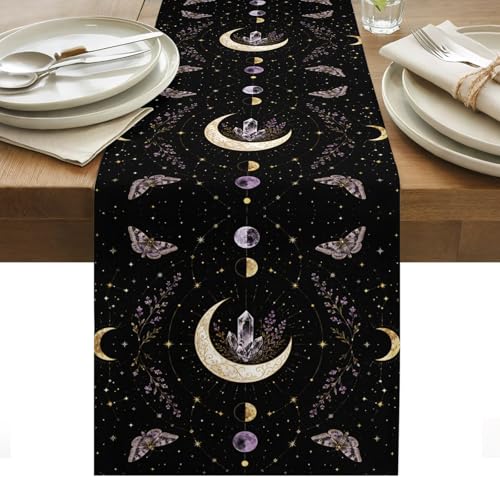 Whimsical Moon Table Runner Mysterious Dark Cosmic Crystal Purple Moths Flower 13x90 Inches Long Cotton Linen Table Runner Burlap Style for Dinner Table Party Decor Tabletop Decorations - size: 13" x 90"