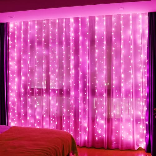 HXWEIYE 300LED Fairy Curtain Lights, 9.8x9.8Ft USB Plug-in 8 Modes Christmas String Hanging Lights with Remote for Bedroom Backdrop Wedding Indoor Wall Decor, Pink, Standard – 1 Pack - color: Pink, size: Standard – 1 Pack