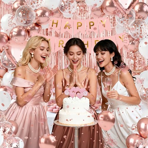 Rose Gold Butterfly Birthday Decorations Kit, All in One Pink Happy Birthday Banner Fringe Curtain Heart Foil Balloons Tableware Set, Girls Women Birthday Party Supplies Backdrop Decor - style: Sweet Rose Gold