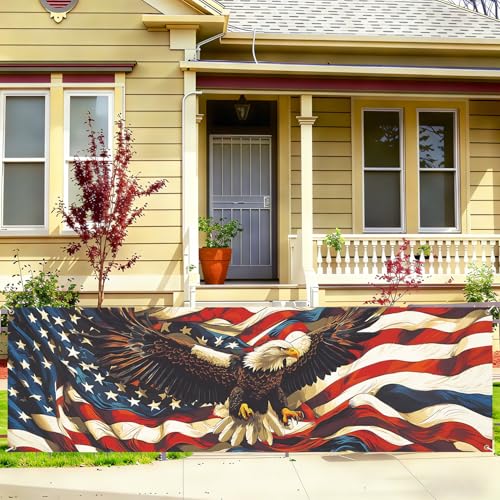 American Flag Eagle Fence Banner 118 x 35 Inch, Large Waterproof Outdoor Patriotic USA Banner with Bald Eagle for Yard Porch Fence 4th of July Independence Day Decorations - color: 221-1