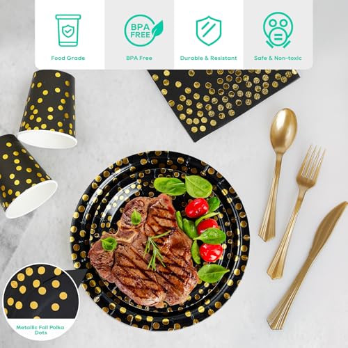 Black and Gold Party Supplies - 350 PCS Disposable Dinnerware Set - Black Paper Plates Napkins Cups, Gold Plastic Forks Knives Spoon for Halloween, Graduation, Birthday, Cocktail Party - color: Black & Gold