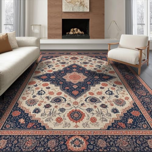 8'x10' Beige Navy Blue Warm Boho Medallion Washable Area Rug - color: Beige/Pattern 7, size: 8' x 10' (Rectangular)