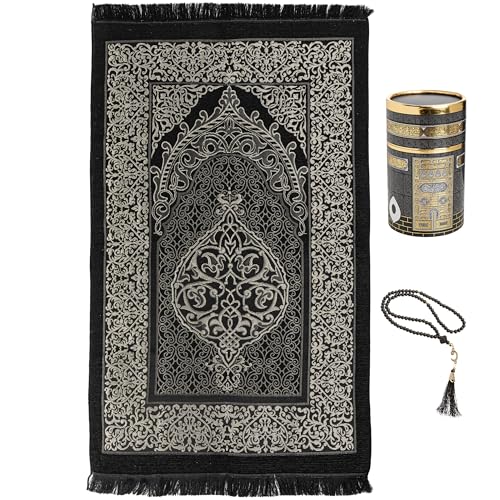 Modefa Islamic Gifts Prayer Mat | Thin Woven Praying Mat Muslim Prayer Rug | Muslim Gifts for Men Ramadan Gifts with Tesbih Prayer Beads | Ottoman Rug with Cylinder Gift Box Set (Black with Box) - color: Black #2
