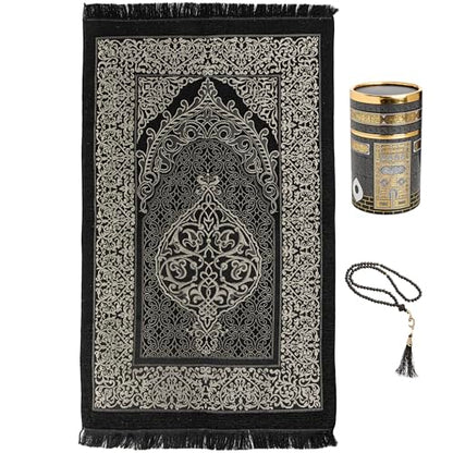 Modefa Islamic Gifts Prayer Mat | Thin Woven Praying Mat Muslim Prayer Rug | Muslim Gifts for Men Ramadan Gifts with Tesbih Prayer Beads | Ottoman Rug with Cylinder Gift Box Set (Black with Box) - color: Black #2