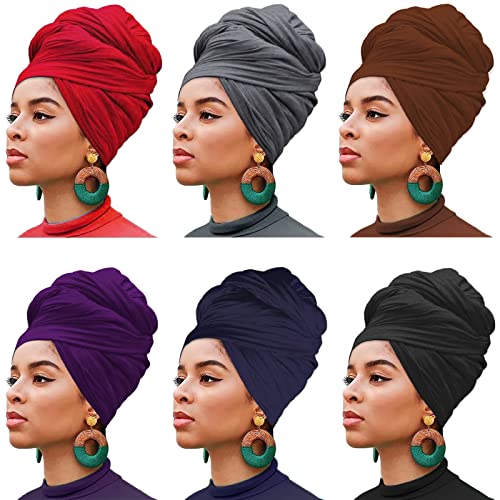 XTREND 6 Pieces Head Wraps Stretch Jersey Turban African Fashion Headbands Long Hair Scarf Solid Color Headwrap Soft Turban Tie for Women (Black, Wine Red, Dark Blue, Dark Grey, Coffee, Dark Purple) - color: Y6 Black, Wine Red, Dark Blue, Dark Grey, Coffe