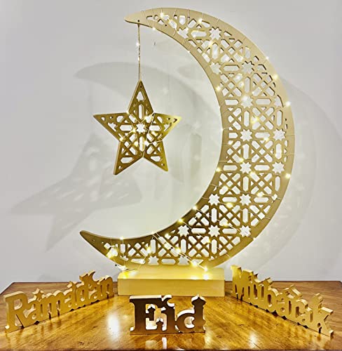 Eid Hilal 이슬람 장식 스트링 문 스타 조명 스탠드, 환영 야간 조명, 초승달 장식, 반짝이는 테이블 데코, LED 요정 조명이 있는 큰 나무 달 별 0.9m(3피트) 이상 (골드, 미디엄) - color: 골드., size: 미디엄