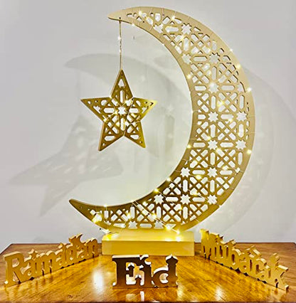 Eid Hilal 이슬람 장식 스트링 문 스타 조명 스탠드, 환영 야간 조명, 초승달 장식, 반짝이는 테이블 데코, LED 요정 조명이 있는 큰 나무 달 별 0.9m(3피트) 이상 (골드, 미디엄) - color: 골드., size: 미디엄