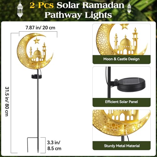 Lewondr 2Pcs Ramadan Solar Lights, Ramadan Decorations Outdoor, Metal Yard Signs LED Eid Decorations Mubarak Star Moon Castle, Waterproof Solar Garden Stakes Lights for Walkway Lawn Patio - style: Moon and Castle