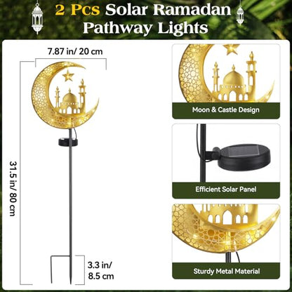 Lewondr 2Pcs Ramadan Solar Lights, Ramadan Decorations Outdoor, Metal Yard Signs LED Eid Decorations Mubarak Star Moon Castle, Waterproof Solar Garden Stakes Lights for Walkway Lawn Patio - style: Moon and Castle