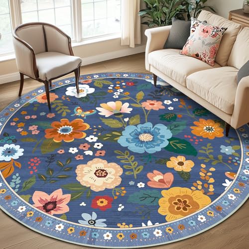 RELEANY Floral Washable Round 8ft Area Rug Blue/Grey - color: Blue/Grey, size: 8' (Round)
