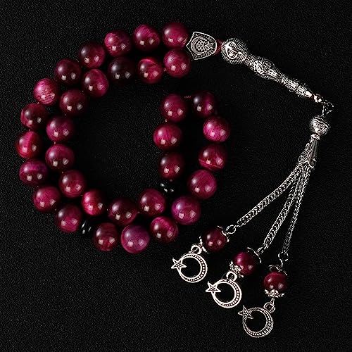 TAS B Tasbih Prayer Beads 33 Pink Tiger Eye Stone (33 Beads - 10 mm) - Masbaha Muslim Rosary - Zikr, Dhikr Subha - Chapelet - Tasbeeh - Islamic Gifts for Women - Handmade Sibha - Eid Gifts