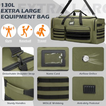 135L Large Duffle Bag, Heavy Duty Duffle Bag for Travel, Extra Large Sports Gym Equipment Bag for Soccer Baseball Basketball Hockey Football, Green - color: Green