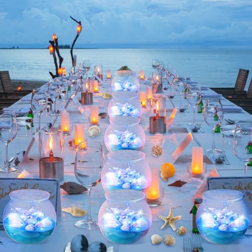 RoundFunny 12 Set 30 oz Beach Themed Party Table Centerpieces 4" Heavy Duty Round Plastic Fish Bowls Mixed Beach Natural Seashell Starfish with Blue Lights for Wedding Baby Shower Ocean Party Supplies