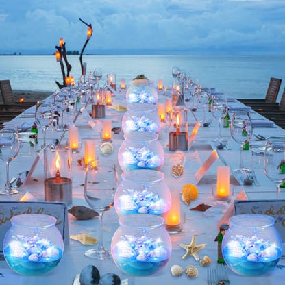 RoundFunny 12 Set 30 oz Beach Themed Party Table Centerpieces 4" Heavy Duty Round Plastic Fish Bowls Mixed Beach Natural Seashell Starfish with Blue Lights for Wedding Baby Shower Ocean Party Supplies