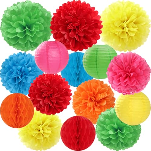 Rainbow Colourful Paper Flowers Tissue Pom Poms Honeycomb Lanterns 15pcs Party Decorations Mexican Fiesta Cinco De Mayo Carnival Birthday Wedding Baby Shower Back to School Hanging Decor Mprocherify - color: colorful