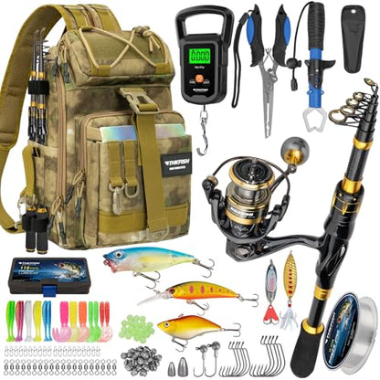 THKFISH Telescoping Fishing Rod and Reel Combo with Backpack, Carbon Fiber Travel Fishing Pole Spinning Reel Kit with Fishing Lures, Fishing Tools Kit for Men - color: Khaki Backpack With Fishing reel & rod, size: 1.8M 5.9FT