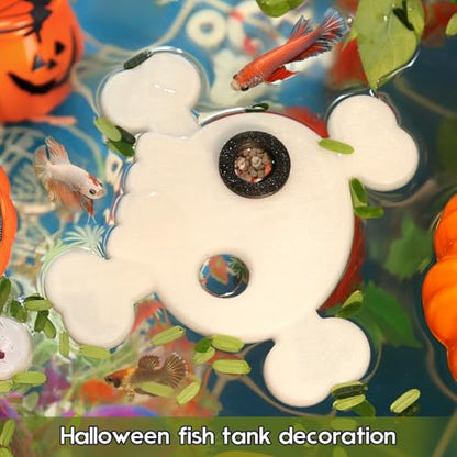Abizoo Halloween Aquarium Floating Plant Corral, Fish Feeding Ring Plastic White Skull Shape for Aquarium Feeding Ring Decor, Keep Tank Clean No-Suction Cup for Betta Fish, Goldfish Small Fish