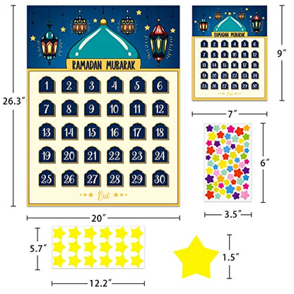 FLYAB Ramadan Calendar 2025 Eid Mubarak Countdown for Kids 30 Days Advent Poster Decorations Home Wall with 36 Star Stickers and 1PCS Small Card