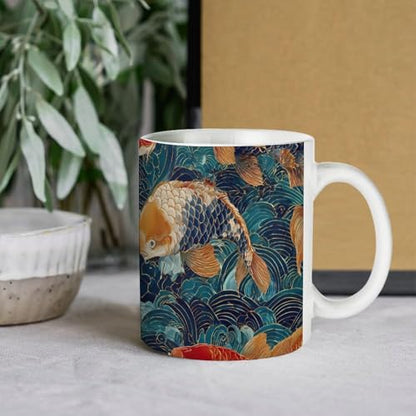 Japanese Fish Swimming Ocean Wave Ceramic Coffee Mug Tea Cup Unique Artistic Drinkware with Handle 12OZ